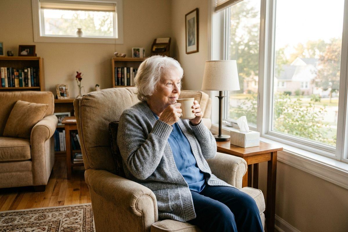 An older adult in a grey cardigan sits in an armchair holding a mug, smiling while looking out a sunlit living room window.