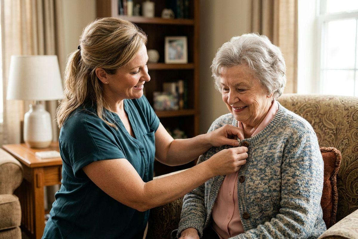 Caregiver in teal scrubs buttons an older adult's cardigan in a living room; both are smiling.